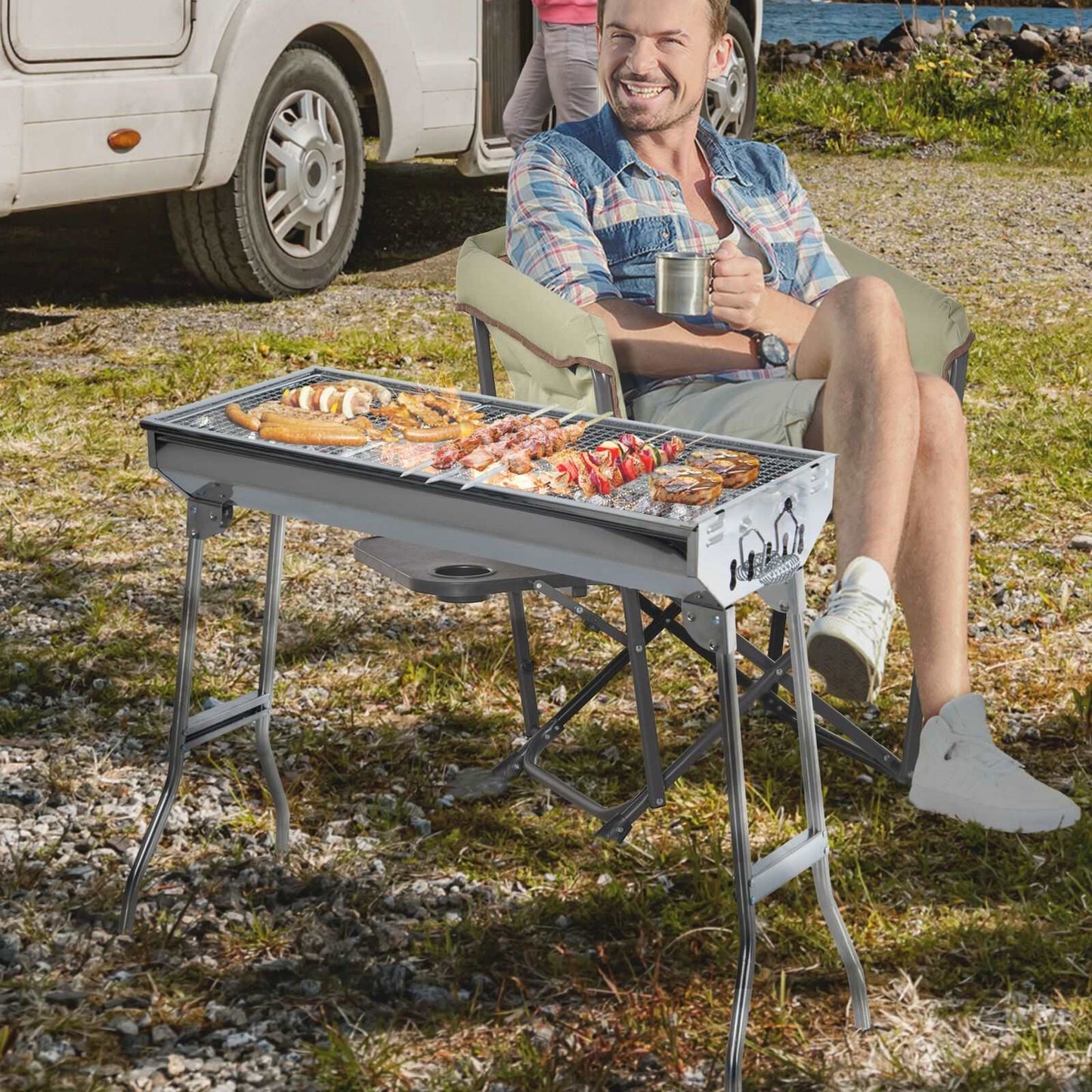 Fordable BBQ Charcoal Grill Stainless Steel Backyard Cooker Silver Party by Quality Home Distribution