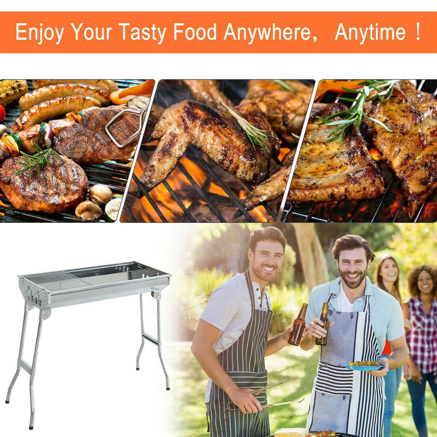 Fordable BBQ Charcoal Grill Stainless Steel Backyard Cooker Silver Party by Quality Home Distribution