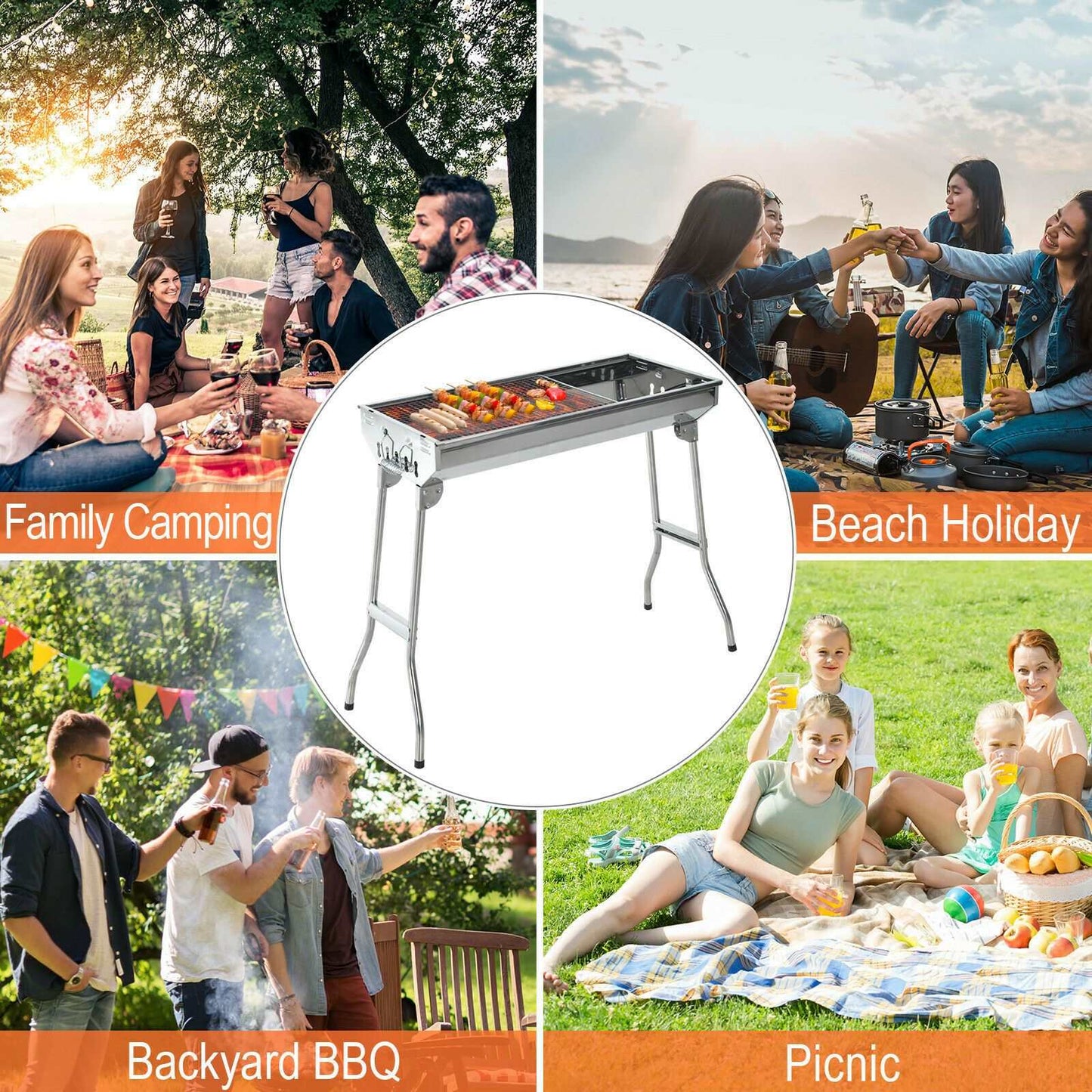 Fordable BBQ Charcoal Grill Stainless Steel Backyard Cooker Silver Party by Quality Home Distribution