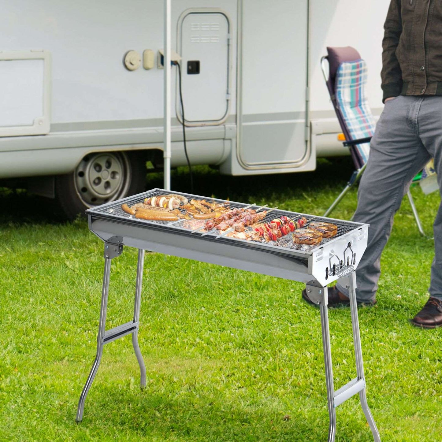 Fordable BBQ Charcoal Grill Stainless Steel Backyard Cooker Silver Party by Quality Home Distribution