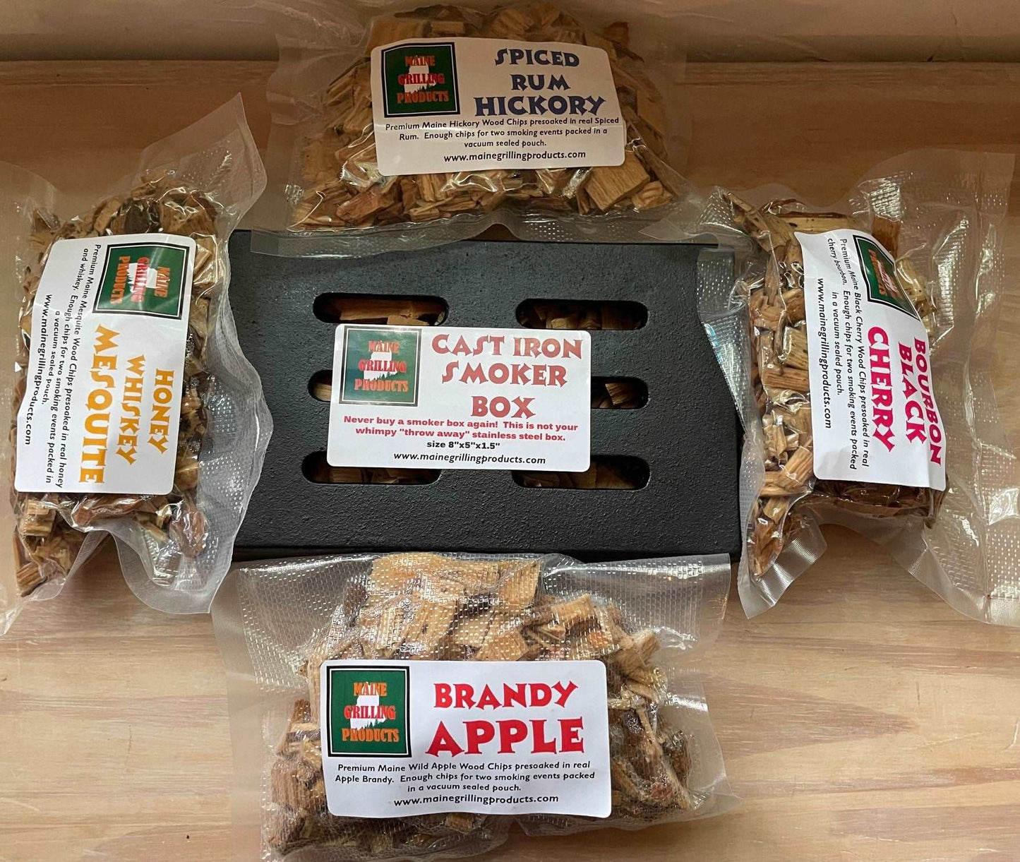 PRE-SOAKED FLAVORED PREMIUM MAINE WOOD CHIPS VARIETY PACK AND DELUXE SMOKER BOX COMBO.