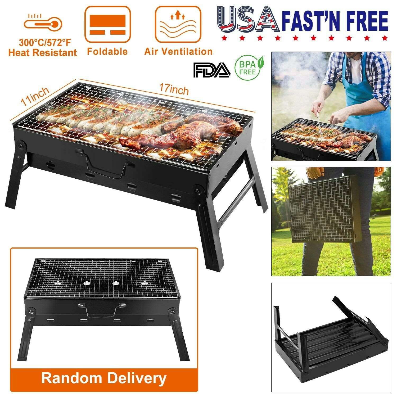 BBQ Barbecue Grill Large Folding Portable Charcoal Stove Camping Garden Barbecue by Plugsus Home Furniture