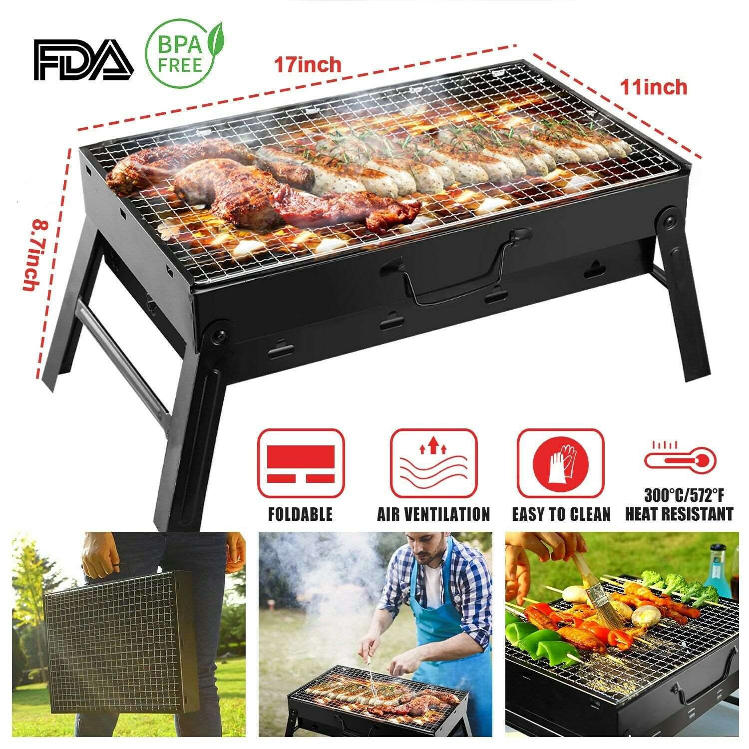 BBQ Barbecue Grill Large Folding Portable Charcoal Stove Camping Garden Barbecue by Plugsus Home Furniture