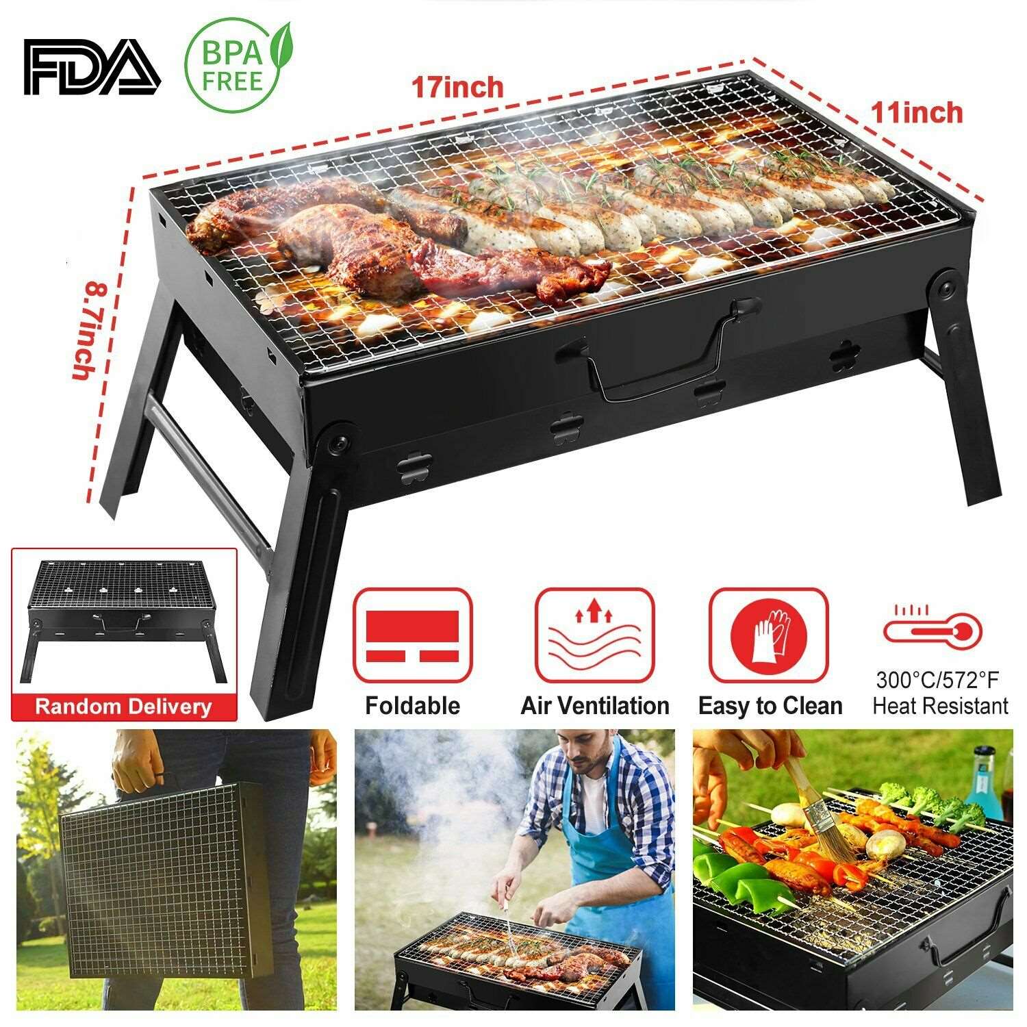 BBQ Barbecue Grill Large Folding Portable Charcoal Stove Camping Garden Barbecue by Plugsus Home Furniture