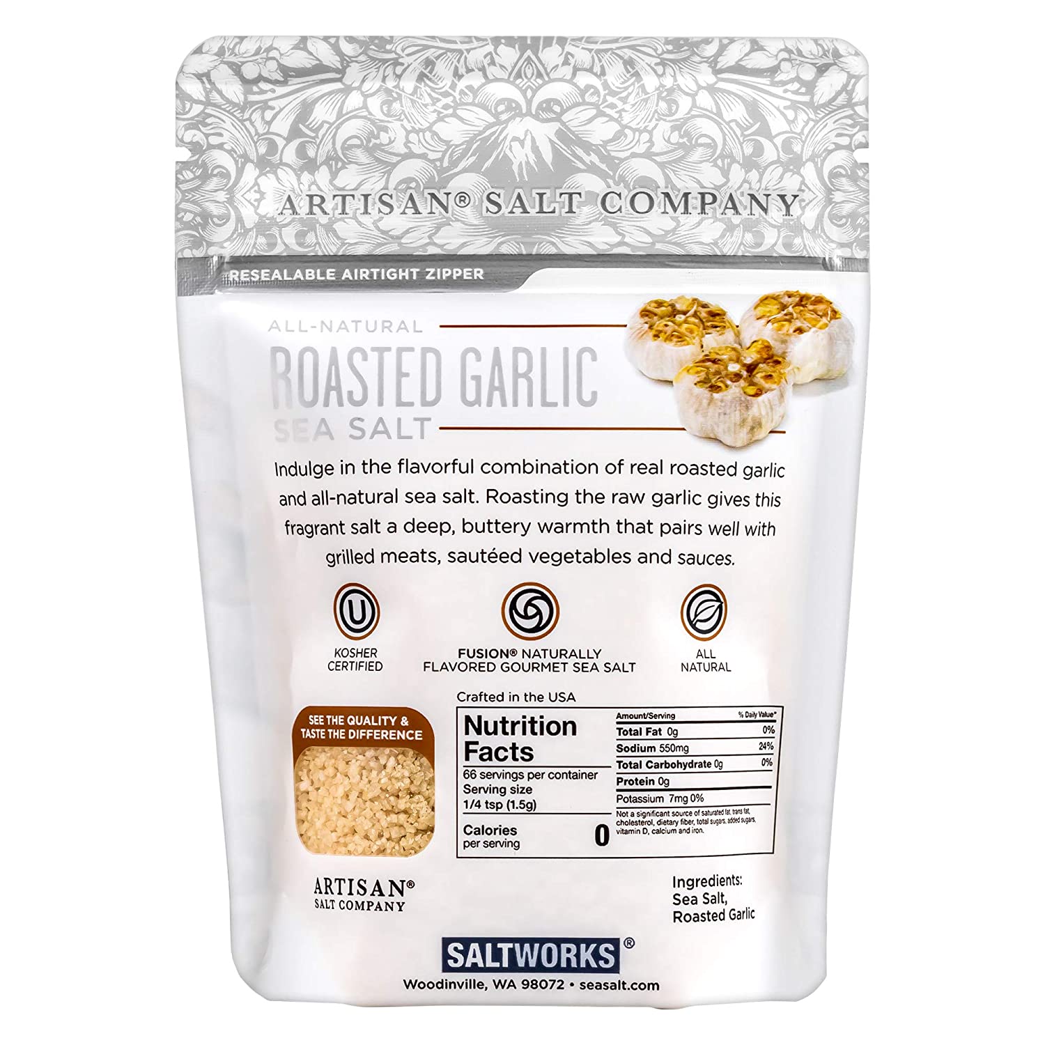 Garlic Flavored Sea Salt, Real all Natural Sea Salt Fused with Golden-brown roasted Garlic, Zip Top Pouch (3.5 oz) by Alpha Omega Imports - mainegrillingproducts