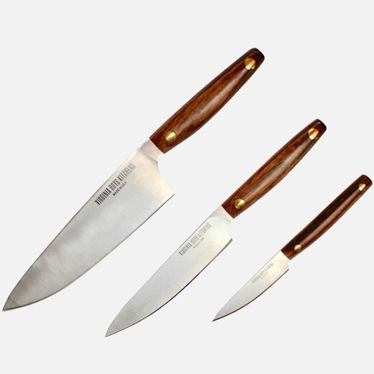 3 Piece Stainless Steel Chef Knife Set with Walnut Wood Handles by Virginia Boys Kitchens - mainegrillingproducts