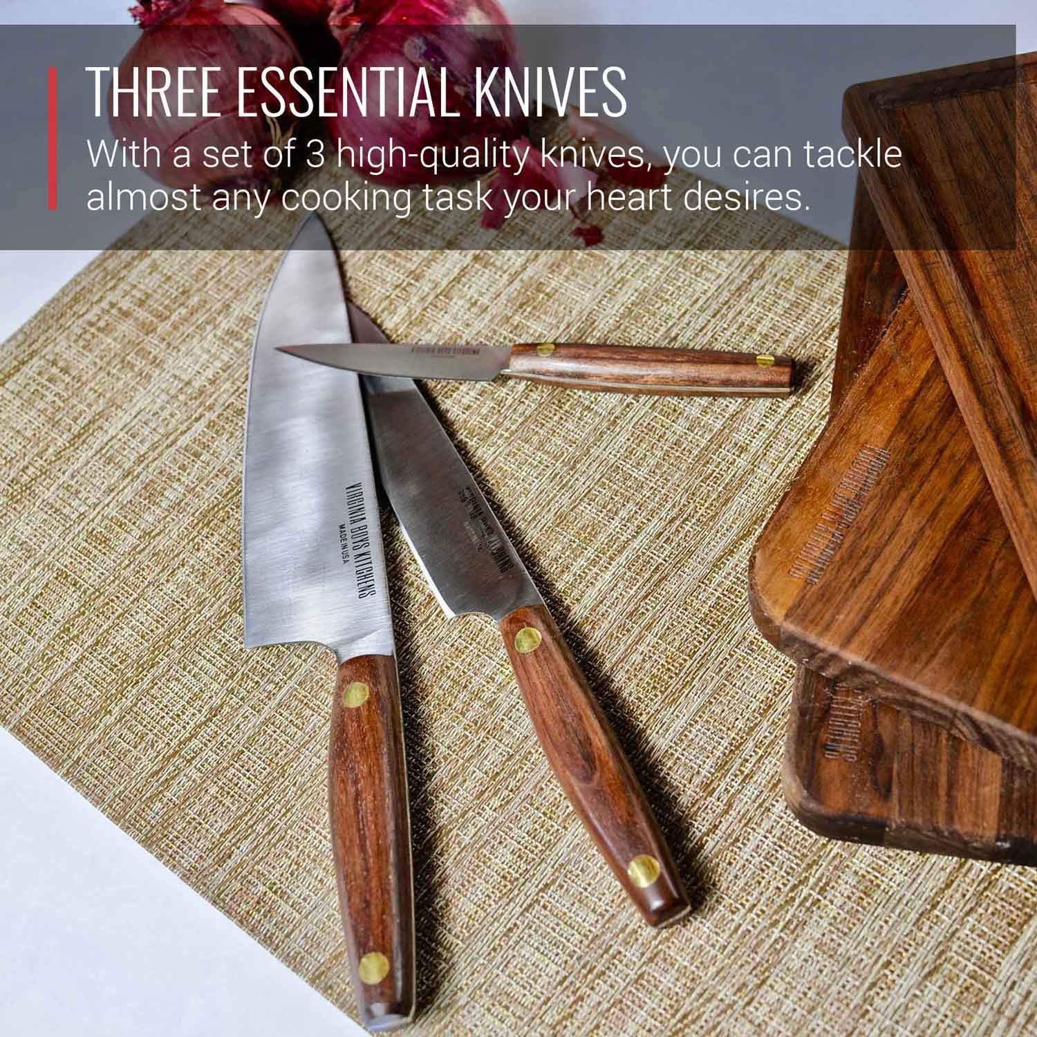 3 Piece Stainless Steel Chef Knife Set with Walnut Wood Handles by Virginia Boys Kitchens - mainegrillingproducts